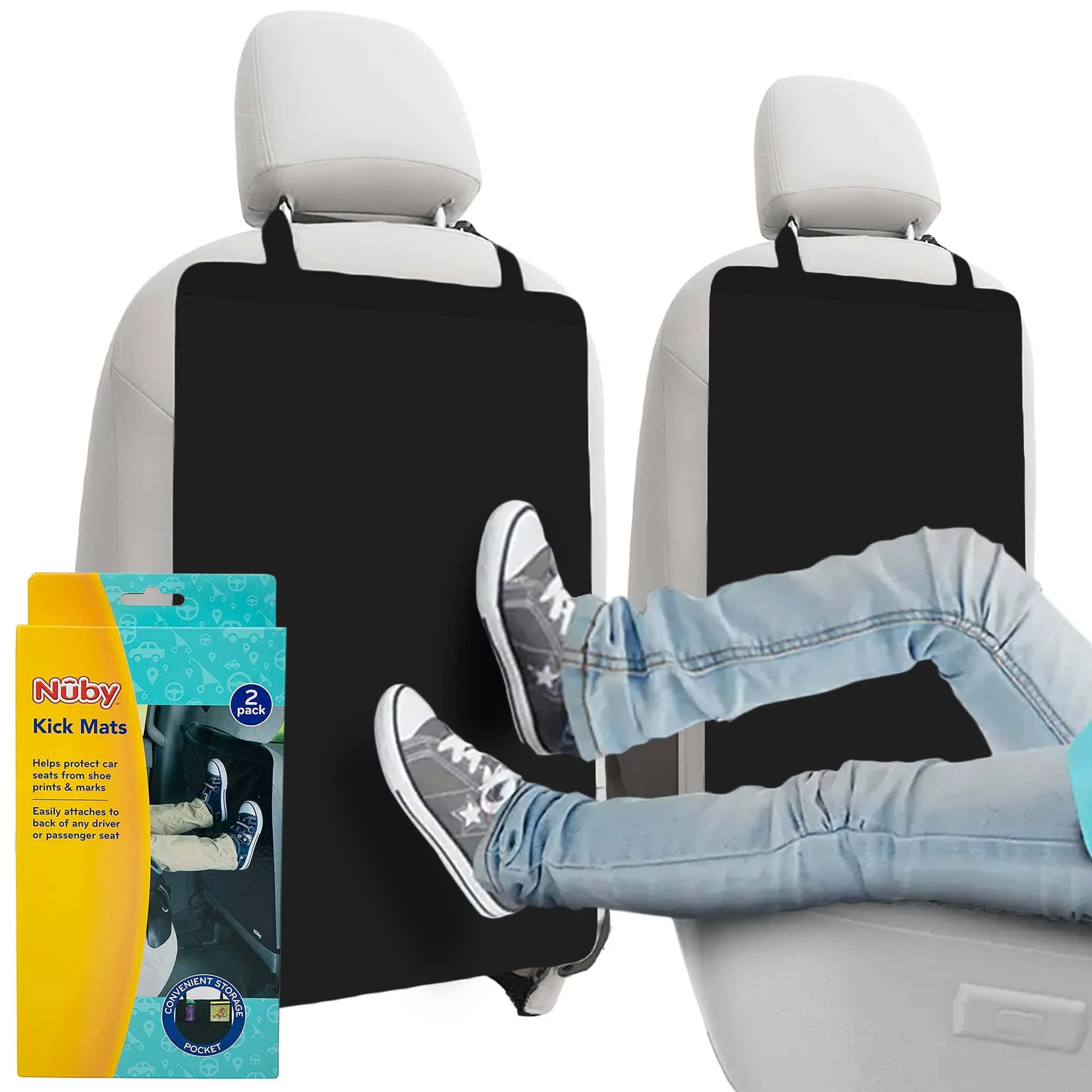 Nuby Kids Kick Mats- Back Seat Protectors with Storage Compartment Black 2 Pack