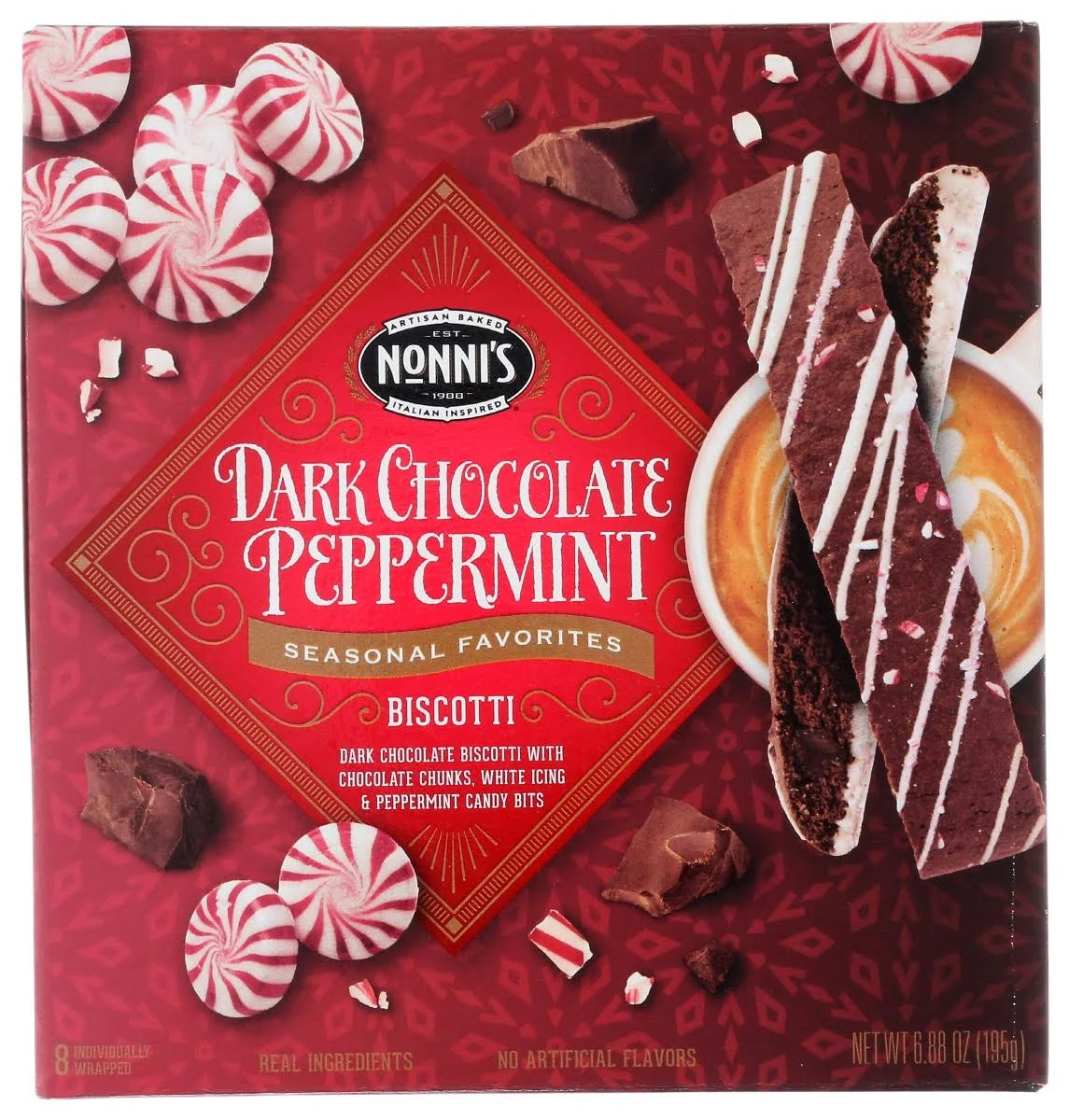 Nonni's Dark Chocolate Peppermint Biscotti - 3 Boxes Christmas Cookies - Italian Biscotti Cookies w/Dark Chocolate White Icing & Peppermint Candy - Biscotti Individually Wrapped Cookies - 6.88 oz