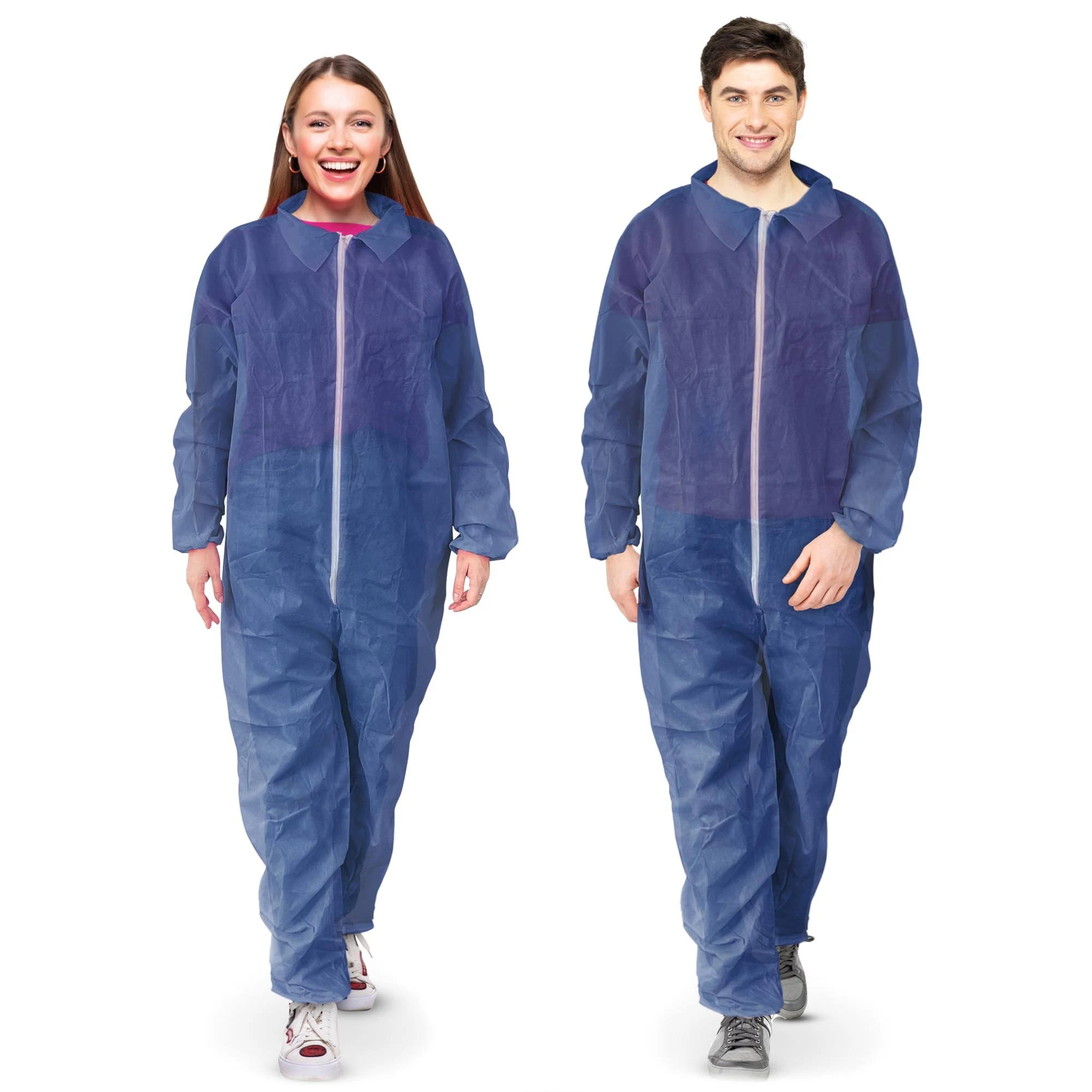 AMZ Medical Supply Disposable Coveralls for Men/Women 2X-Large. Polypropylene Navy Blue Hazmat Suits Disposable 5 Pack. 30 GSM Lab Coveralls with Zipper, Elastic Wrists, Folded Collar, Open Ankles