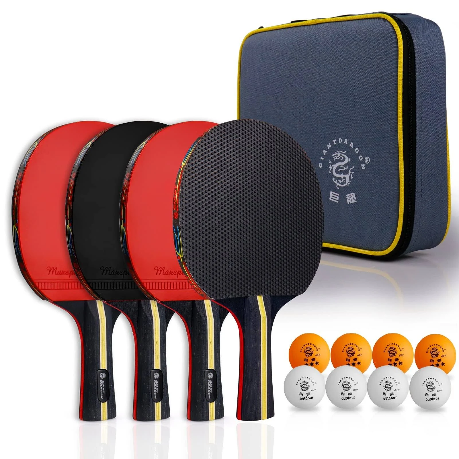 PING PONG PADDLES Table Tennis with 8 Balls Carrying Case Set of 4 GIANT DRAGON