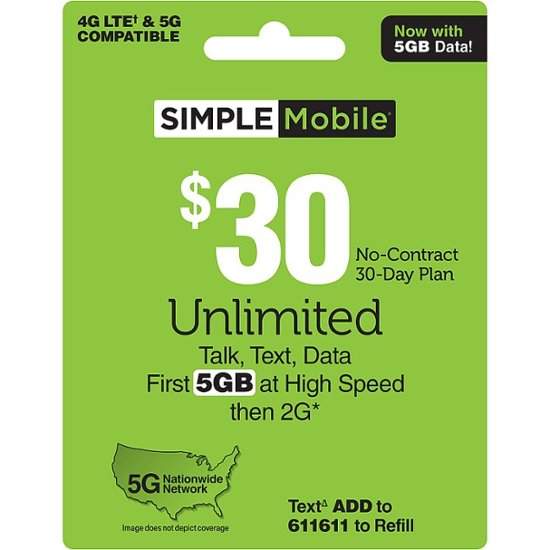 Simple Mobile - $30 Unlimited Talk & Text 30-Day Plan (Email Delivery) Digital