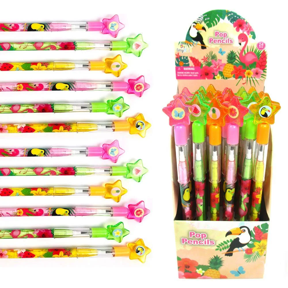 TINYMILLS 24 Pcs Flamingo Tropical Luau Multi Point Stackable Pencil with Eraser for Flamingo Luau Birthday Party Favor Prize Carnival Goodie Bag Stuffers Classroom Rewards