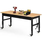 Betterhood 60" Adjustable Workbench for Garage, Rubber Wood Heavy Duty Workstation with Power Outlets & Wheels, 2000 lbs Load Capacity Hardwood