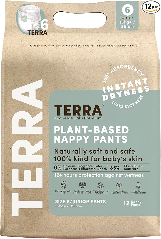 Size 6 Training Pants– 85% Plant Based Pull-Up Style Diapers, Ultra-Soft & Chemical-Free for Sensitive Skin, Superior Absorbency, Perfect Overnight Diapers, for Toddlers 35+ Pounds, 12 Count