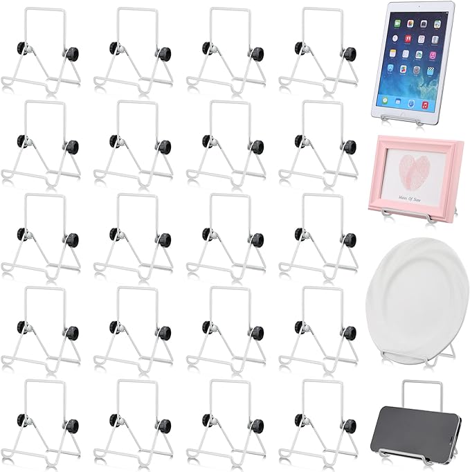 24 Pack Adjustable Easel Stand 3.54'' x 5.12'' Wire Foldable Book display stand Plate Stand picture frame Stand Wire Photo Holder Stand for Display Book picture frame Plates, White