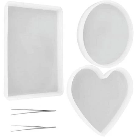 3 Pcs Large Resin Mold with 2 Tweezers, findTop Silicone Molds, Include Round, Rectangle, Heart Shaped Coaster Mold for DIY Decorative Mold