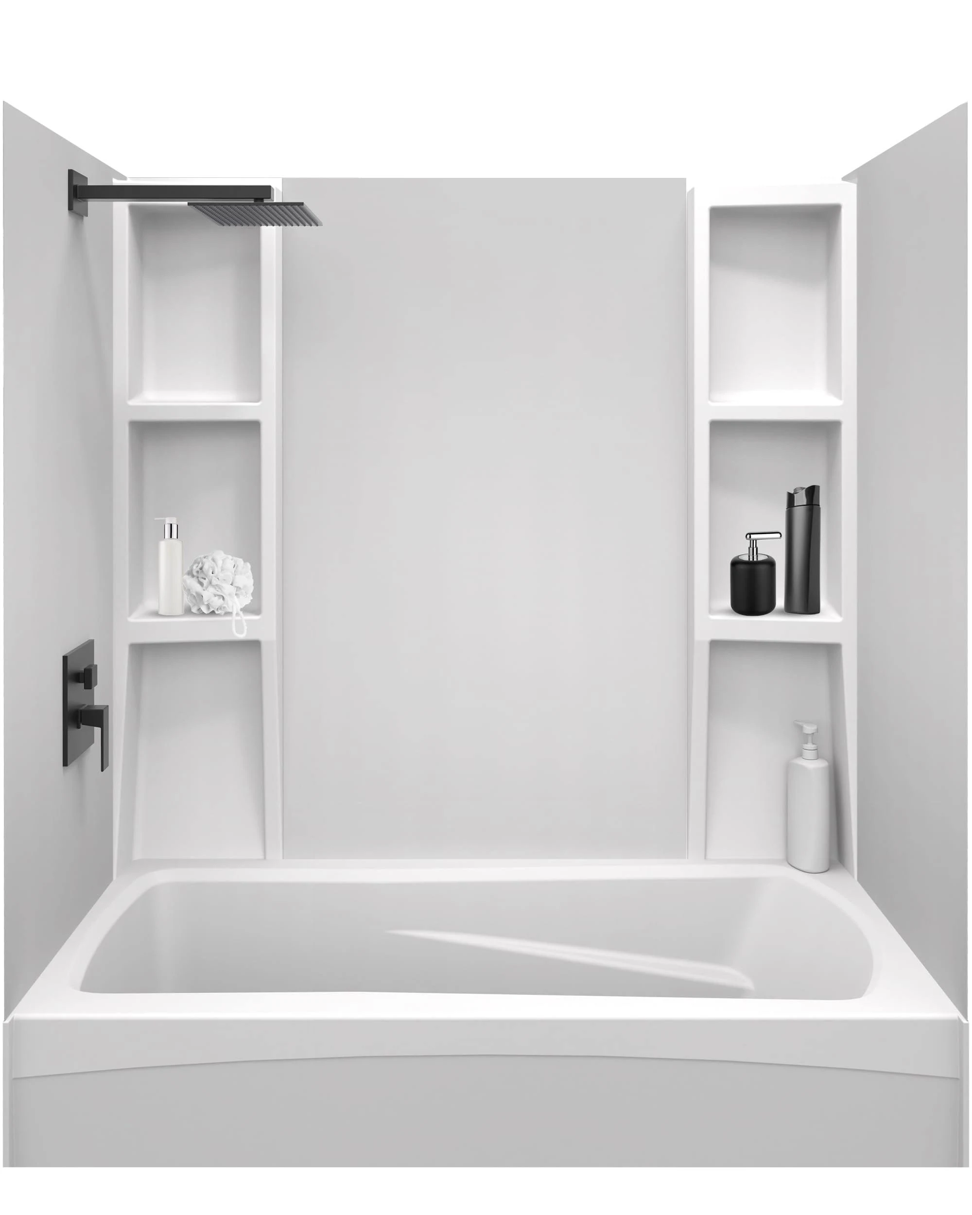 White Tub Wall Surround - Waterproof, Easy-to-Install, Two Shelf Units Kit Included Bathtub Wall Surround Panels, (Plain Pattern, Basic Shelves) Polystyrene Wall, 58"