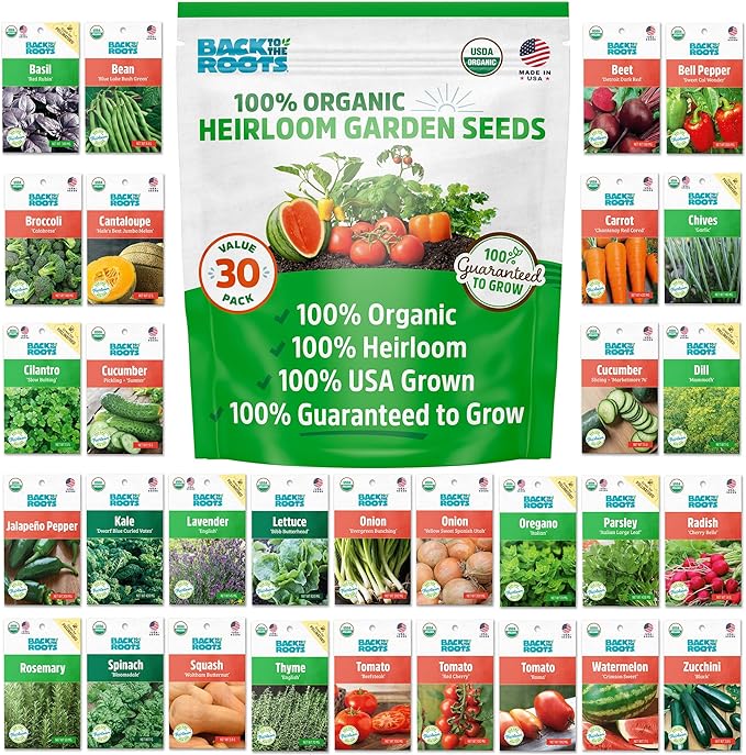 Back to the Roots Heirloom Organic, Non-GMO & USA Grown Seeds, 30ct Herb, Fruit, and Veggies, Assortment May Vary, Guaranteed to Grow