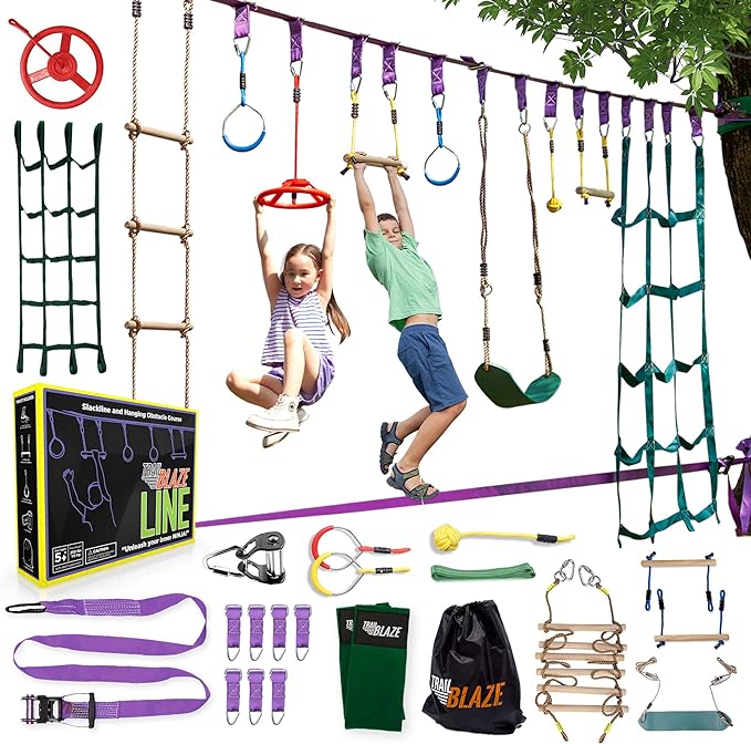 Ninja Warrior Obstacle Course for Kids - 2 x 55ft Slackline Double the Fun Exciting Obstacles Cargo Net Rope Ladder Monkey Bars Ninja Course for Kids