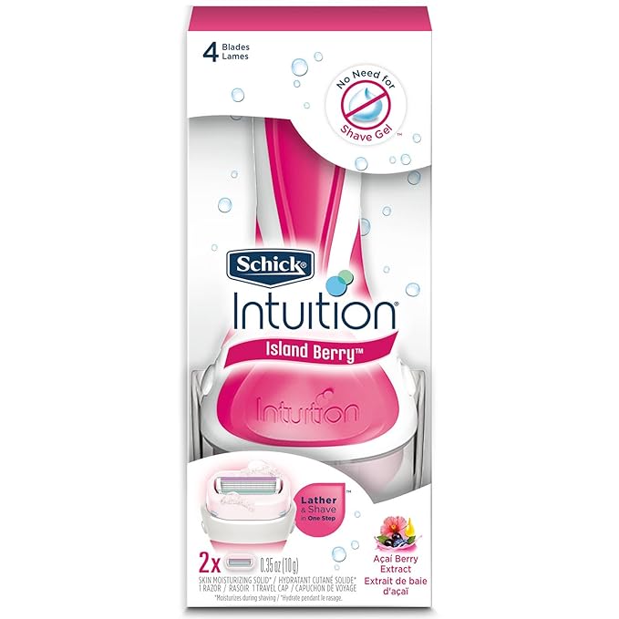 2 Schick Intuition Island Berry 4 Blade Razor 1 Handle 2 Cartridges + Travel Cap