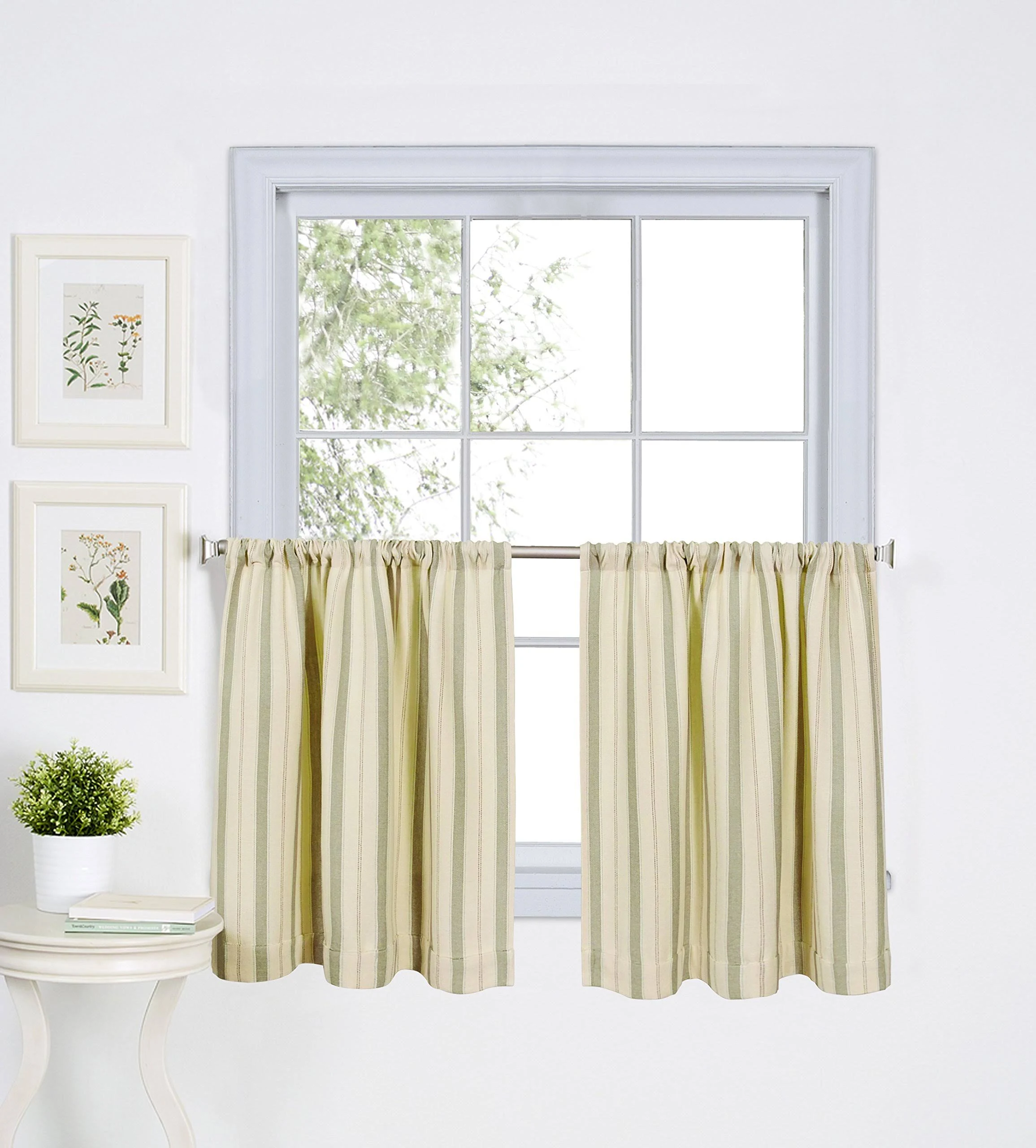 Elrene Home Fashions Updated Ticking Rod Pocket Stripe Kitchen/Café Tier Window Curtain, Set of 2, 30" x 36", Sage