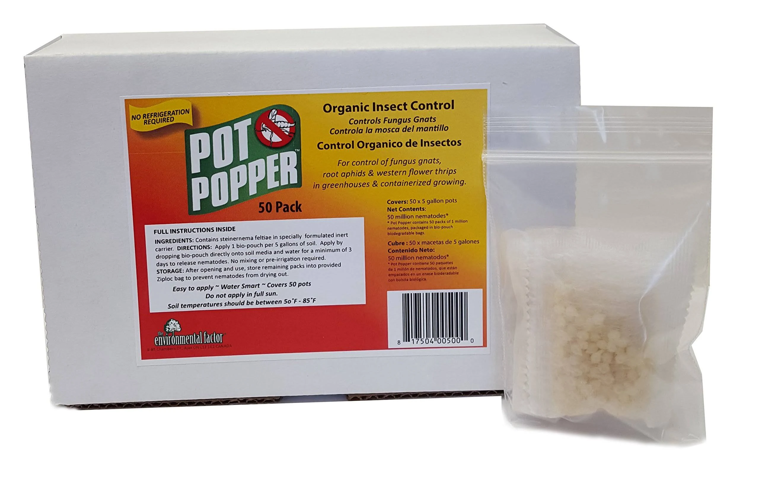 Pot Popper Organic Insect Control, Controls Fungus Gnats, Million Beneficial Nematodes (S.Feltiae), 50 Pouches per Pack - Pot Popper Gnat & Thrip Control