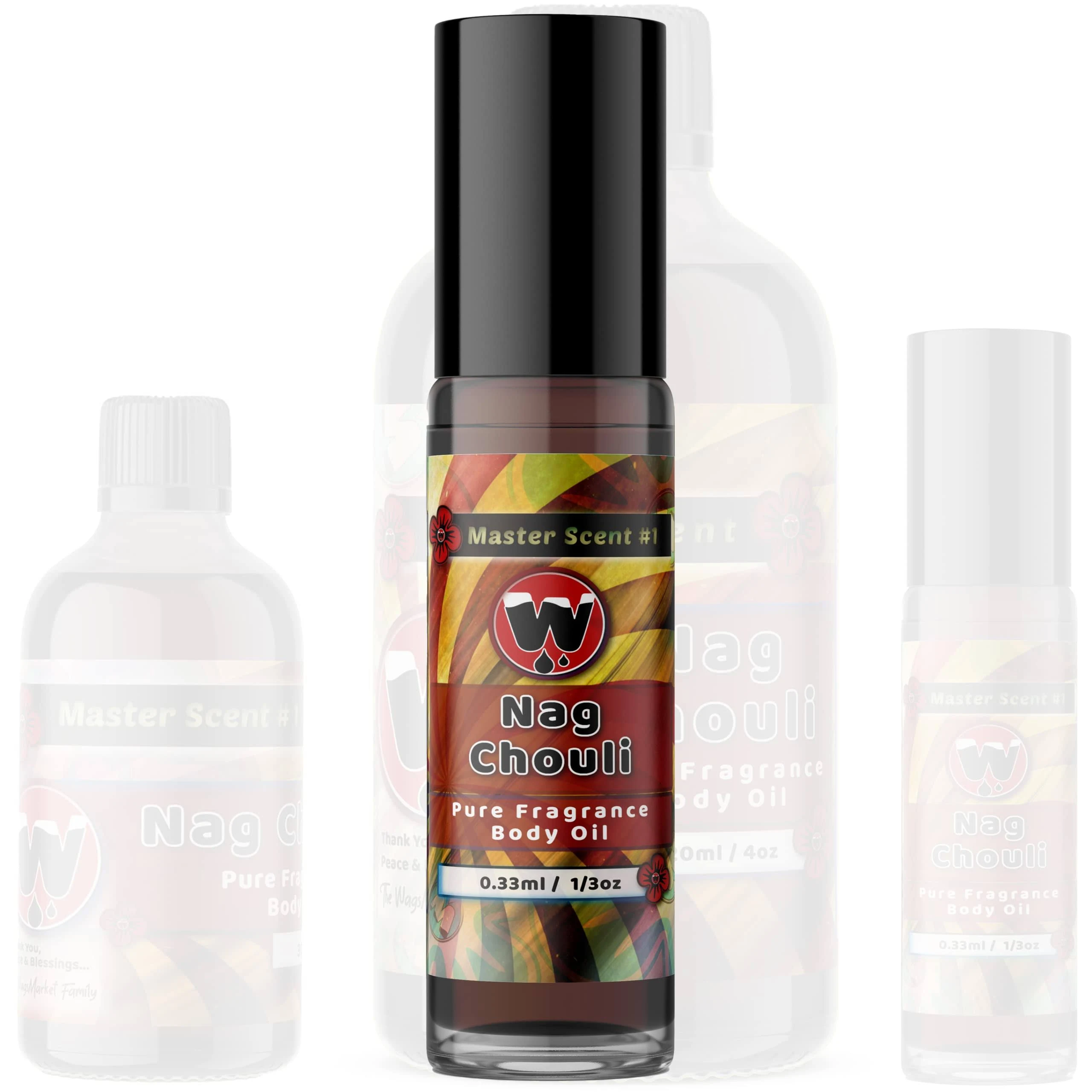 WagsMarket - Nag Champa Perfume Oil & Patchouli Essential Oil, Nag Chouli Essential Perfume Oil, Choose from Roll On to 0.33oz - 4oz Glass Bottle (0.33oz Roll On)