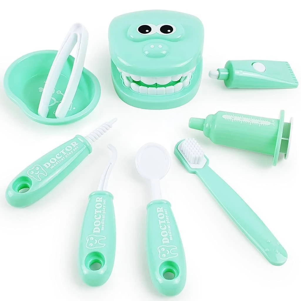 9PCS Plastic Simulation Dentist Play Set Medical Kit Pretend Toy for Kids Hygienic Habbit Cultivation Role Play Game for Children 6 Colors (Purple/Pink/Yellow/Green) Simple OPP Bag Packaging (Green)