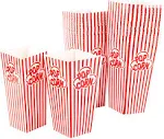 GSM Brands Popcorn Containers Boxes (100 Pack) - Striped White and Red Paper - for Home Movie Theater