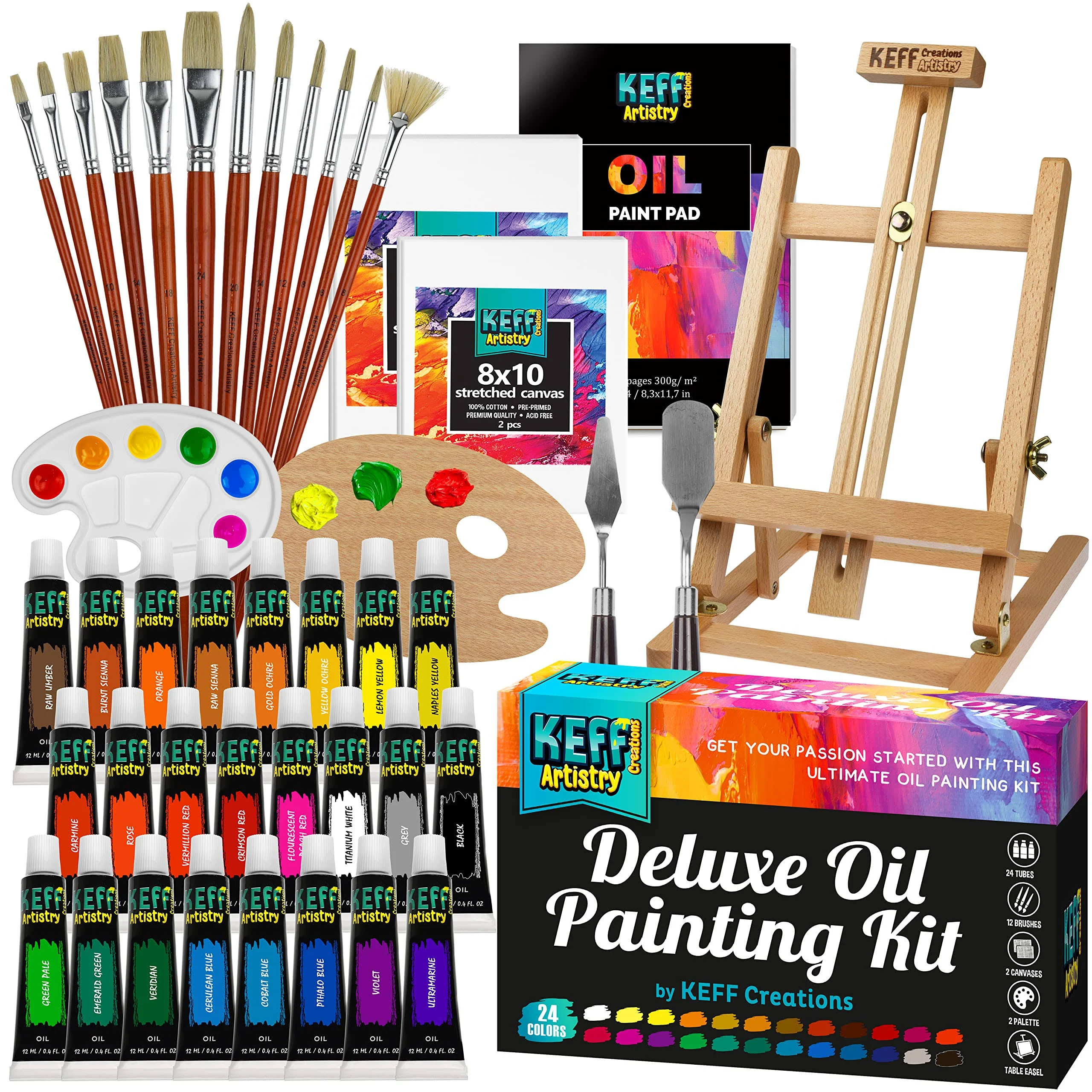 KEFF Oil Paint Set for Adults and Kids - Oil Painting Art Kits Supplies with Oil Based Paints, Stretched Canvas, Table Easel, Brushes, Palette,