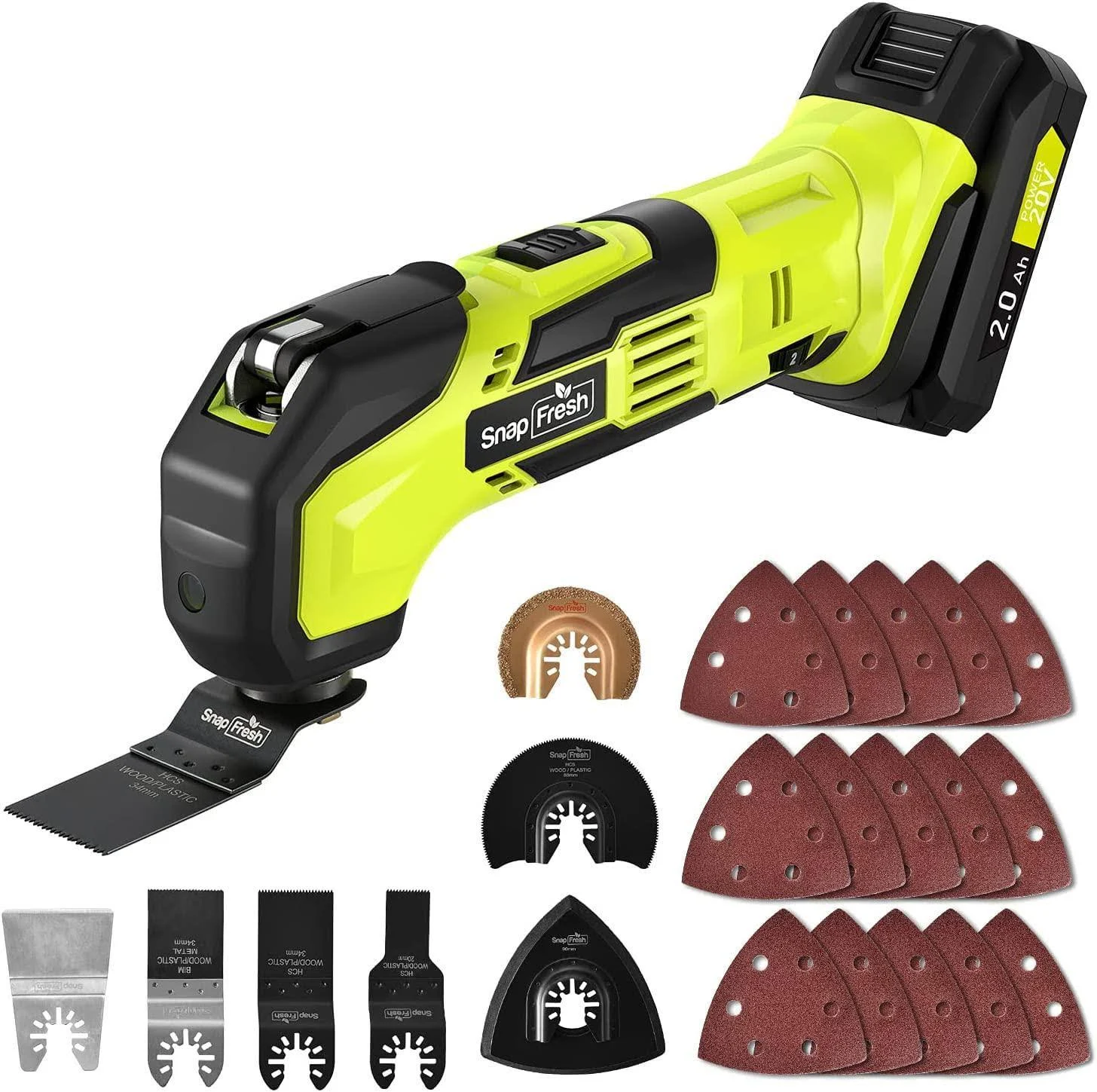 SnapFresh Cordless Oscillating Tool, 20V Oscillating Multi-Tool with 6 Speed, 3.2°Oscillating Angle, 22pcs Accessories, 2.0Ah Battery and Fast