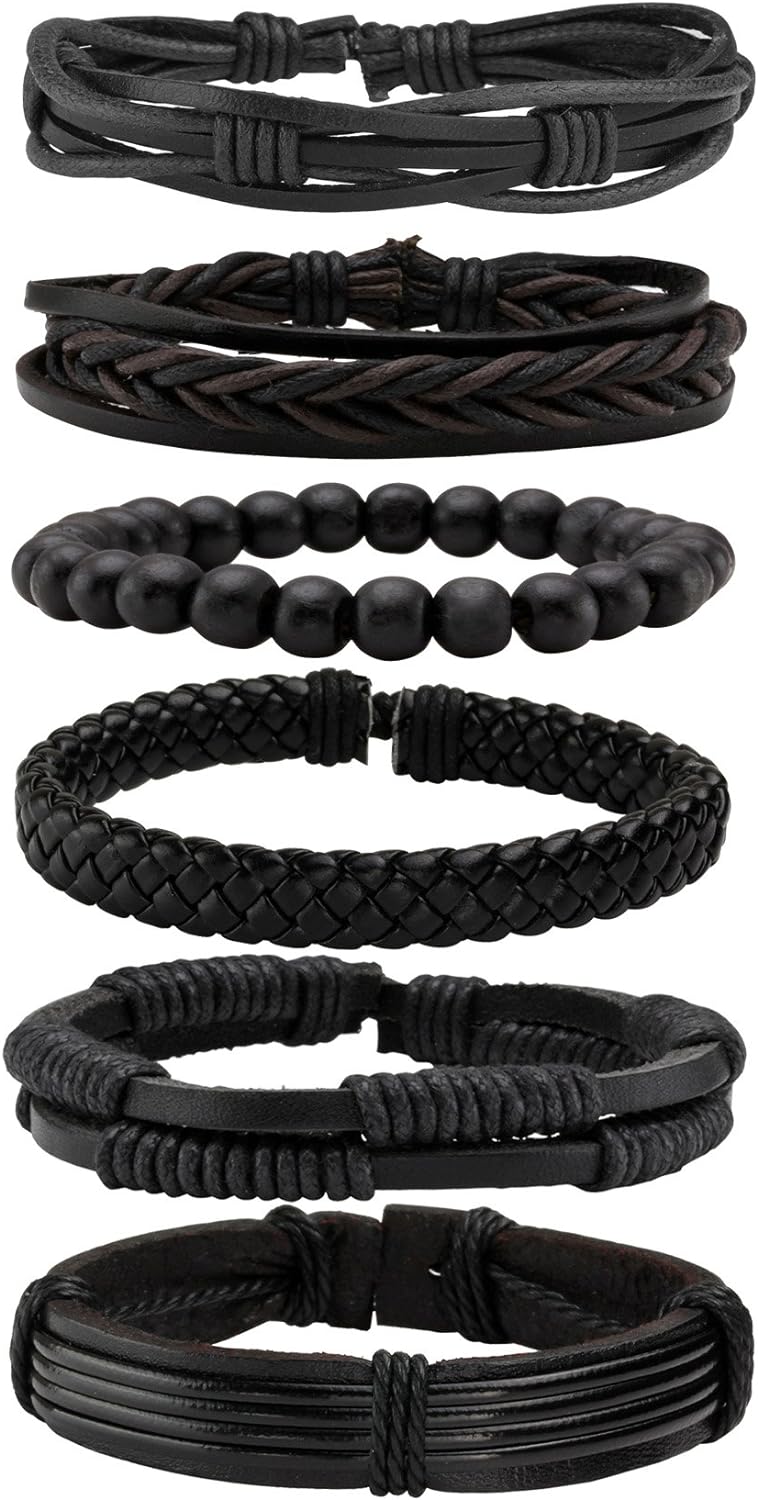 MILAKOO 6 Pcs Punk Braided Leather Bracelets for Men Women Cuff Wrap Wristbands Adjustable