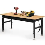 60" Adjustable Workbench,Rolling Heavy-Duty Worktable with Power Outlet and Wheels,Large Load Capacity Rubber Wood Top Workbench for Garage,Office,Workshop,Home, Easy Assembly, Black