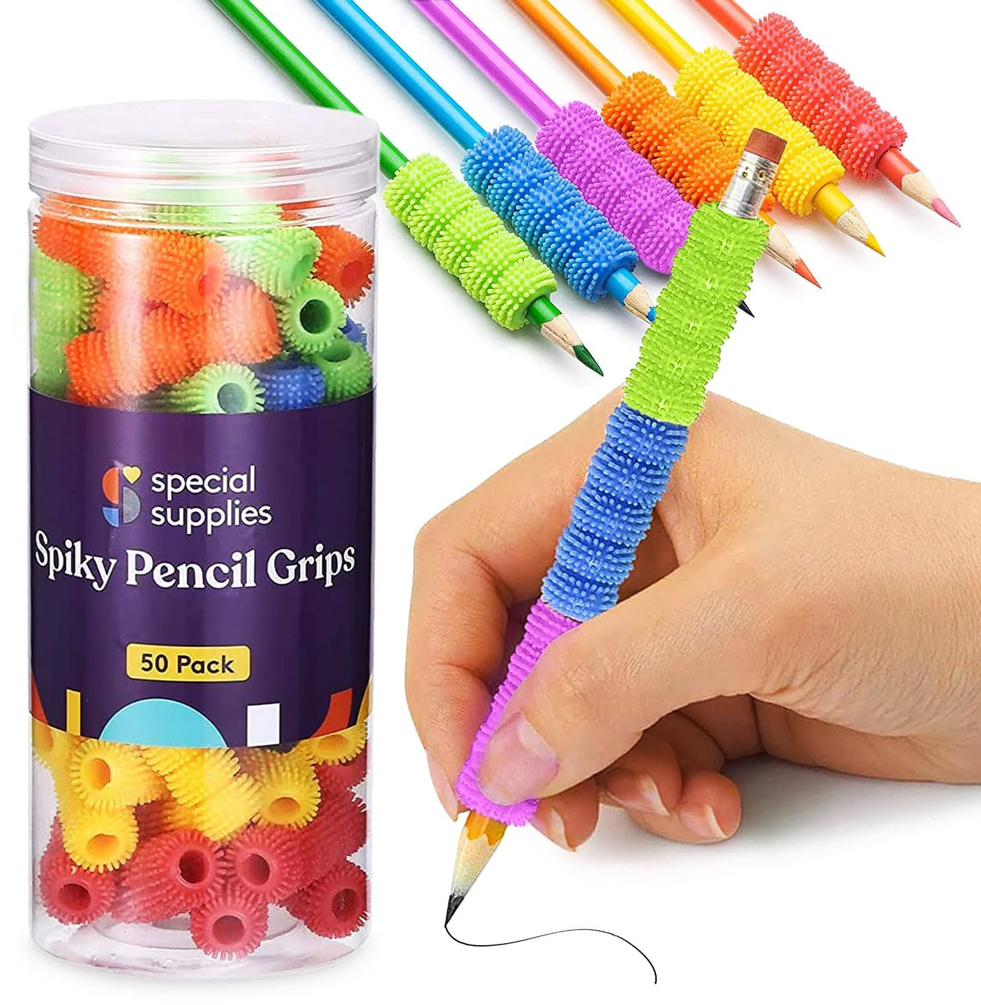 Special Supplies Spiky Pencil Grips for Kids and Adults Colorful Holders for Handwriting, Drawing, Coloring - Ergonomic Right or Left-Handed Use -