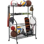 Garage Sports Equipment Organizer, Ball Storage Rack Indoor/Outdoor Rolling Ball Cart with Baskets and Wheels