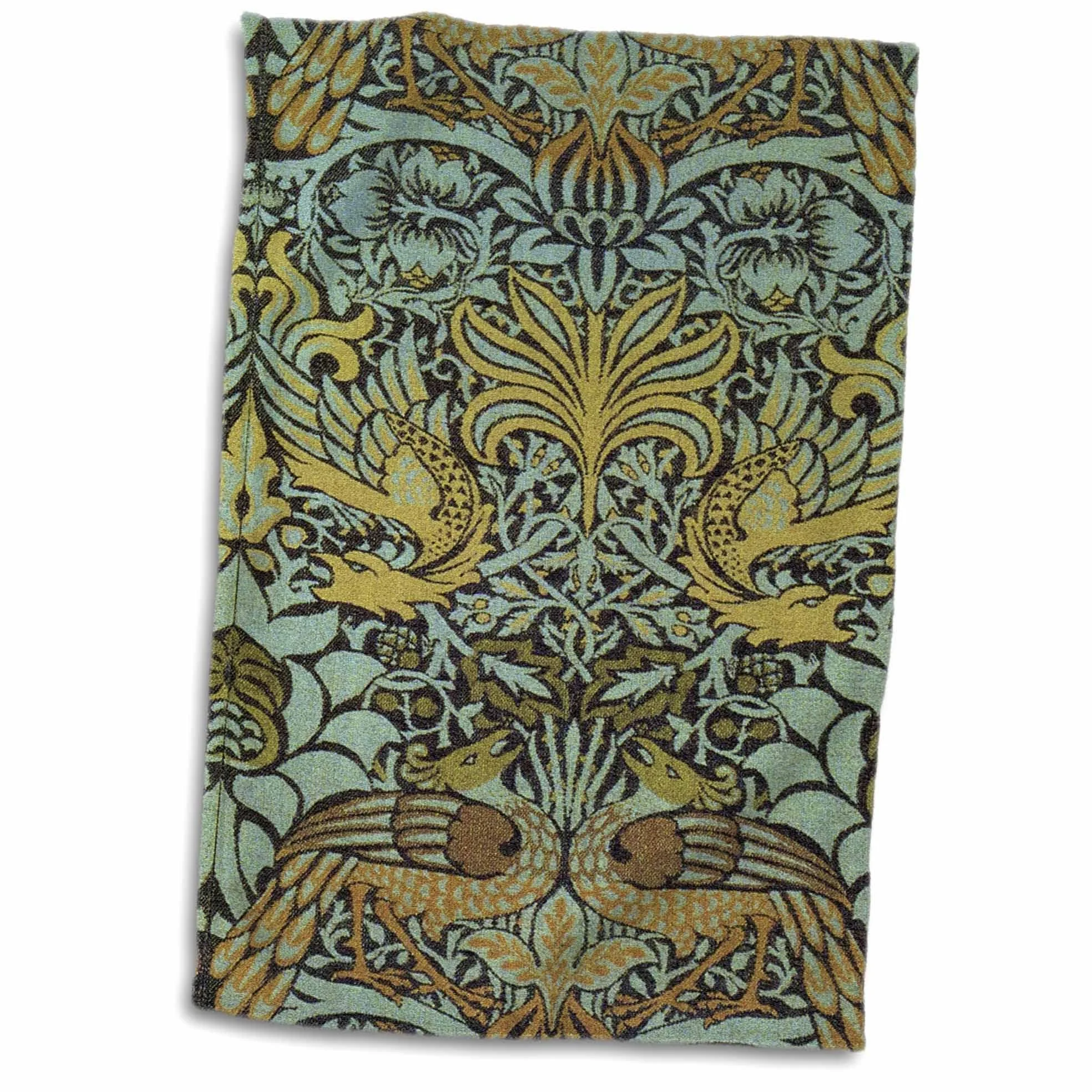 3D Rose Image of William Morris Peacock & Dragon in Gold & Aqua Hand Towel, 15" x ...