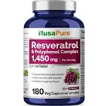 Resveratrol & Polyphenol Complex 1450mg 180 Vegetarian Caps (Non-GMO, Vegan) Vitamin C