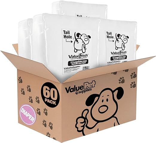 ValueFresh Female Dog Disposable Diapers, Large/X-Large, 60 Count - Full Coverage w/Tail Hole, Snag-Free Fasteners, Leak Protection, Wetness Indicator