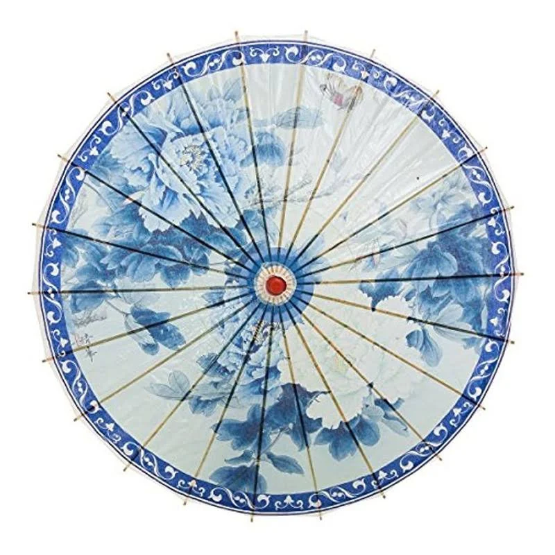 THY COLLECTIBLES Rainproof Handmade Chinese Oiled Paper Umbrella Parasol 33" Blue & White Flowers