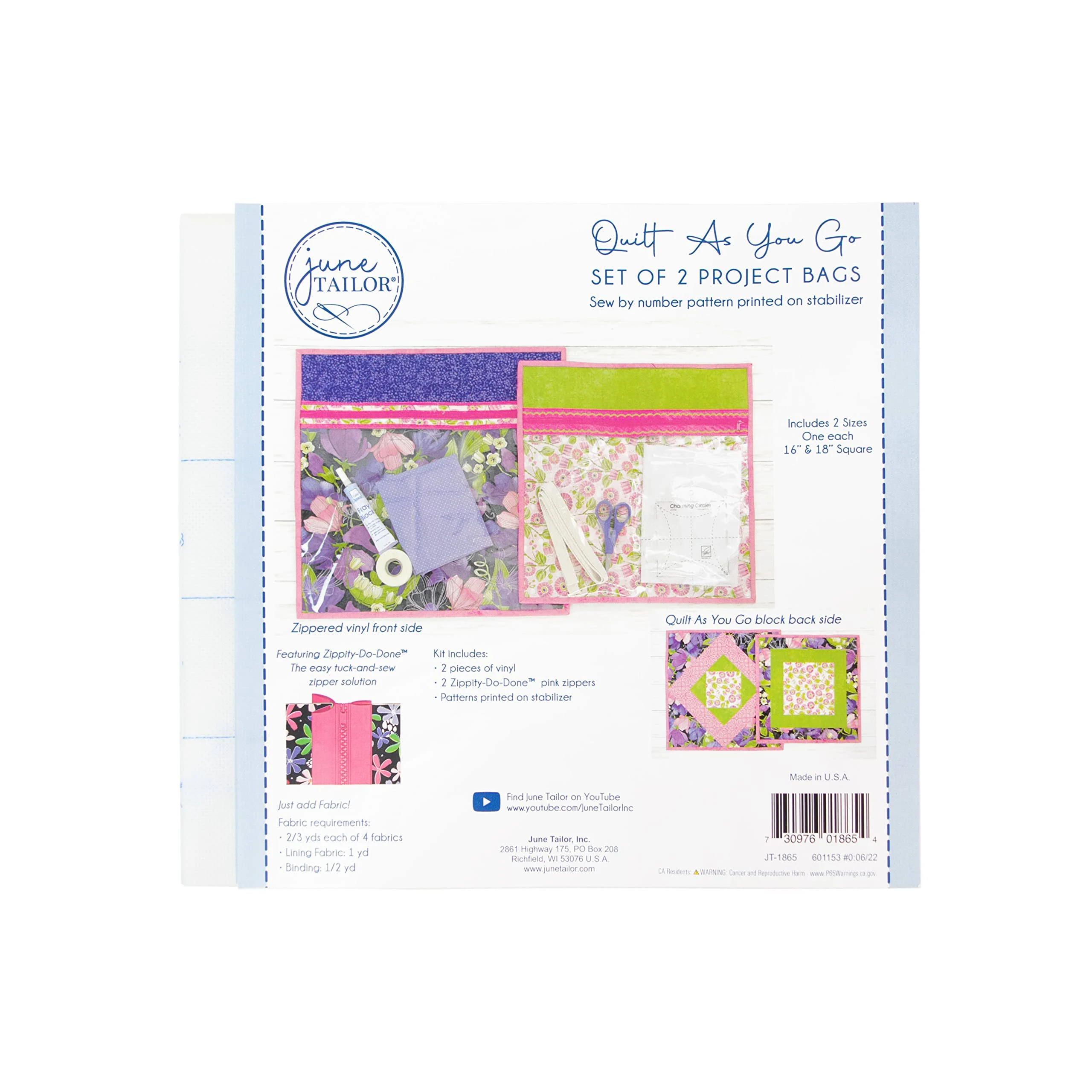 June Tailor - Quilt As You Go Zippered Project Bags | Pink (Set of 2)