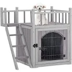 Cat House with Door for Feral Cats, Rainproof Outside Kitty House, 2 Story Wooden Kitten Condo with Stairs (AIR09-BS)