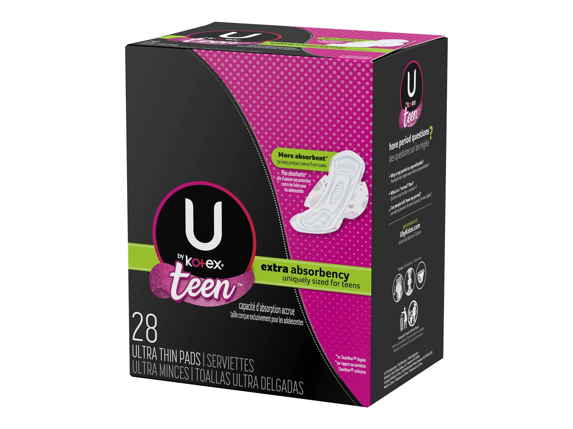 U By Kotex Pads with Wings, Ultra Thin, Extra Absorbency, Teen - 28 pads