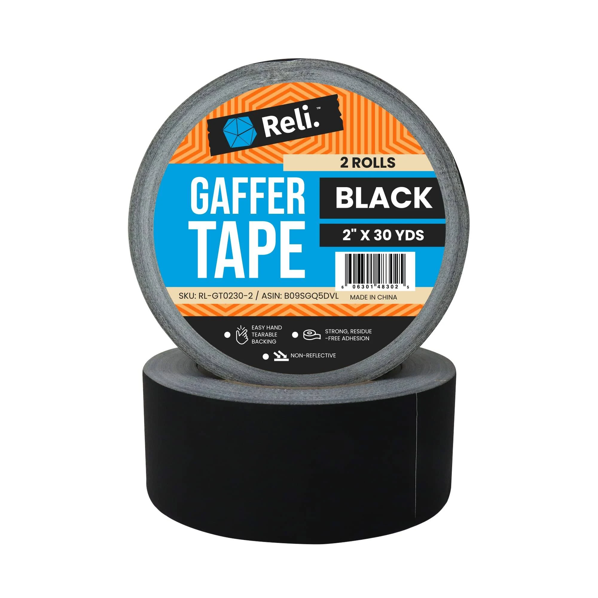 Reli. Gaffers Tape, Black | 2 Rolls | 2" x 30 Yards Per Roll (60 Yards Total) | Heavy Duty Gaff Tape/Gaffer Tape 2 Inch Wide | Black Cloth Tape for Cables/Electrical Cords, TV Production/Filming