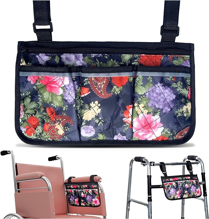 Wheelchair Bag, Walker Bag, Walker and Wheelchair Accessories for adults, Water Resistant Storage Pouches for rollator, Electric Wheel Chair (armrest, Back Handle), Seniors, Gift for Woman, Floral