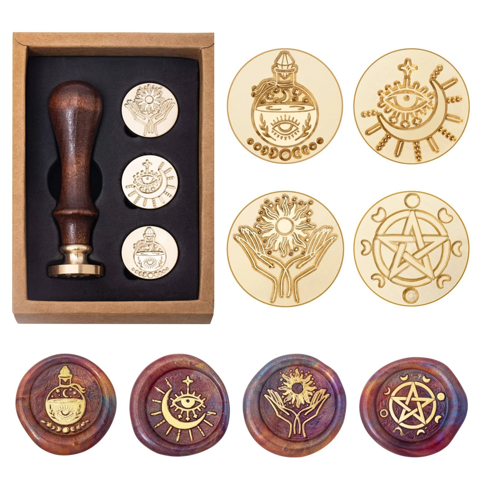 Wiccan Wax Seal Stamp Set Pagan Pentagram Moon Phases Sealing Stamp Head Vint...