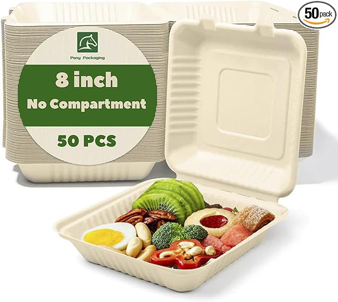 Pony Packaging 8x8 50-Pack 100% Compostable Clamshell Take Out Food Containers ...