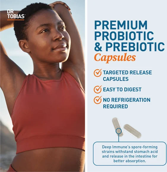 Dr. Tobias Deep Immune Probiotics & Prebiotics, 4.4 Billion CFU Probiotics for Women & Men, Supports Digestive Health, Gut Immune Function, Nutrient Absorption, 180 Capsules, 90 Servings