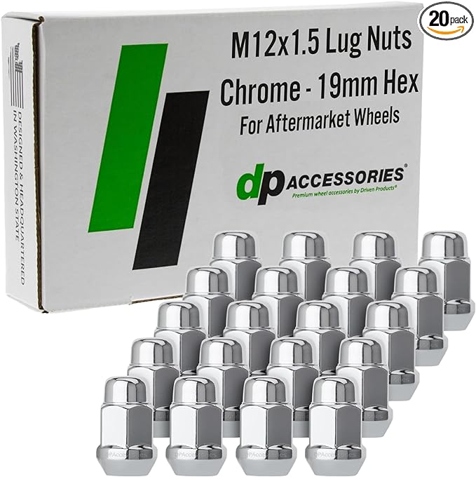 DPAccessories M12x1.5 Lug Nuts Chrome - Conical 60-Degree Lug Nuts - 12x1.5 Lug Nuts for Aftermarket Wheels - 19mm Hex M12-1.50 Lug Nuts - Chrome Wheel Lug Nuts - Set of 20 - D3116-HT-2305/20