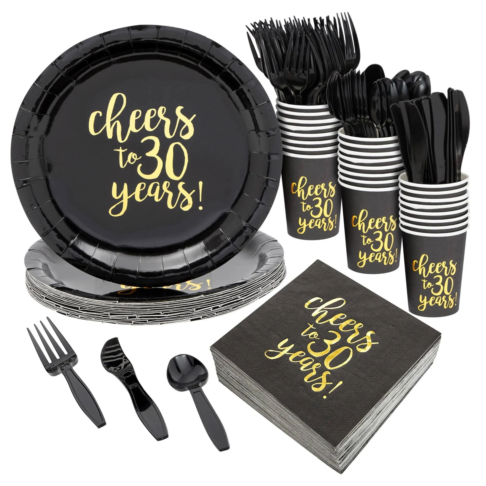 Juvale 144-Piece Cheers to 30 Years Plates, Napkins, Cutlery, and Cups for Black and Gold 30th Birthday Party Supplies, Anniversary Decorations (Serves 24)