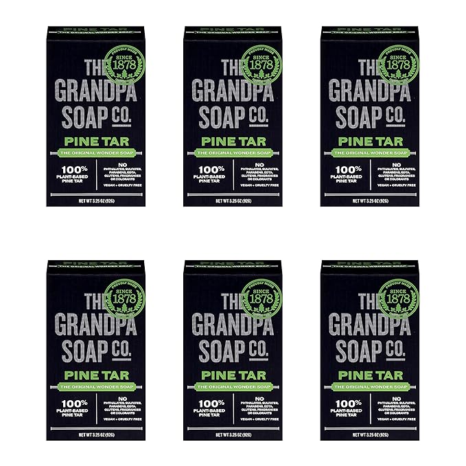 The Grandpa Soap Company Erkekler İçin Çam Katranı Sabunu - %100 Bitki Bazlı Çam Katranı Yağı ile Üretilmiştir, 3'ü 1 Arada Temizleyici Koku Giderici ve Nemlendirici, Dermatologlar Tarafından Test Edilmiştir, Hassas Ciltler İçin Güvenli, 3,25 Oz, 6'lı Pa