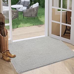 REFETONE Indoor Doormat, Front Door Mat 20"x32" Absorbent Rubber Backing Non Slip Back Door Mats, Washable Low-Profile Inside Floor Mat Door Rugs for Entryway, Resist Dirt Mud Mat for Dogs, Light Grey