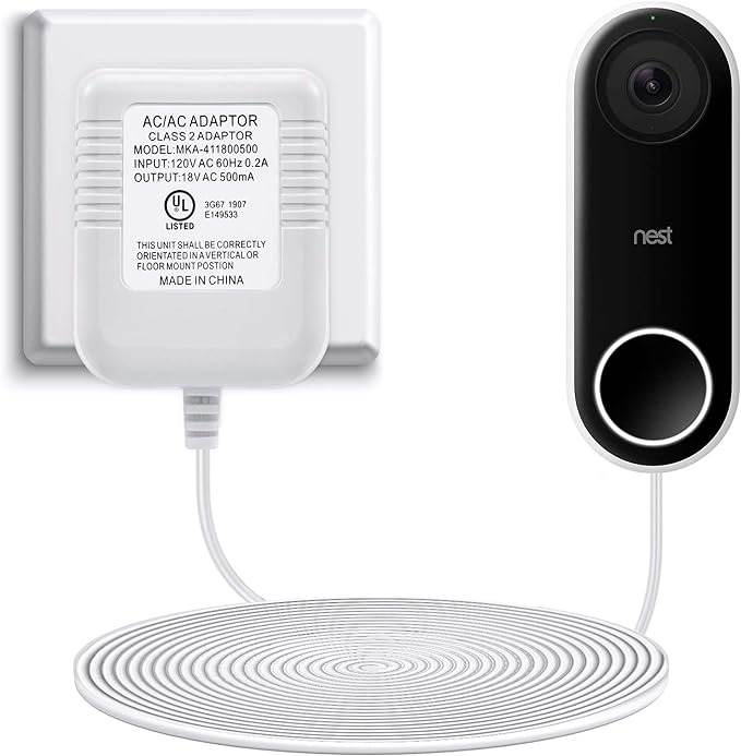 Power Adapter Compatible with Nest Hello Video Doorbell, Arlo and Eufy Doorbell, 18 Volt 500mA Transformer UL Certified with 16.4 ft Cable