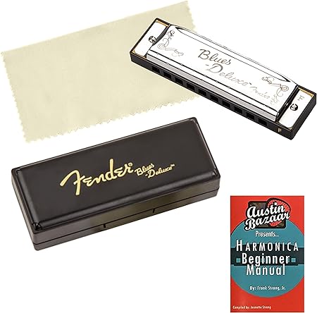 Fender Blues Deluxe Harmonica - Key of F Bundle with Carrying Case, Austin Bazaar Instructional Manual, and Polishing Cloth