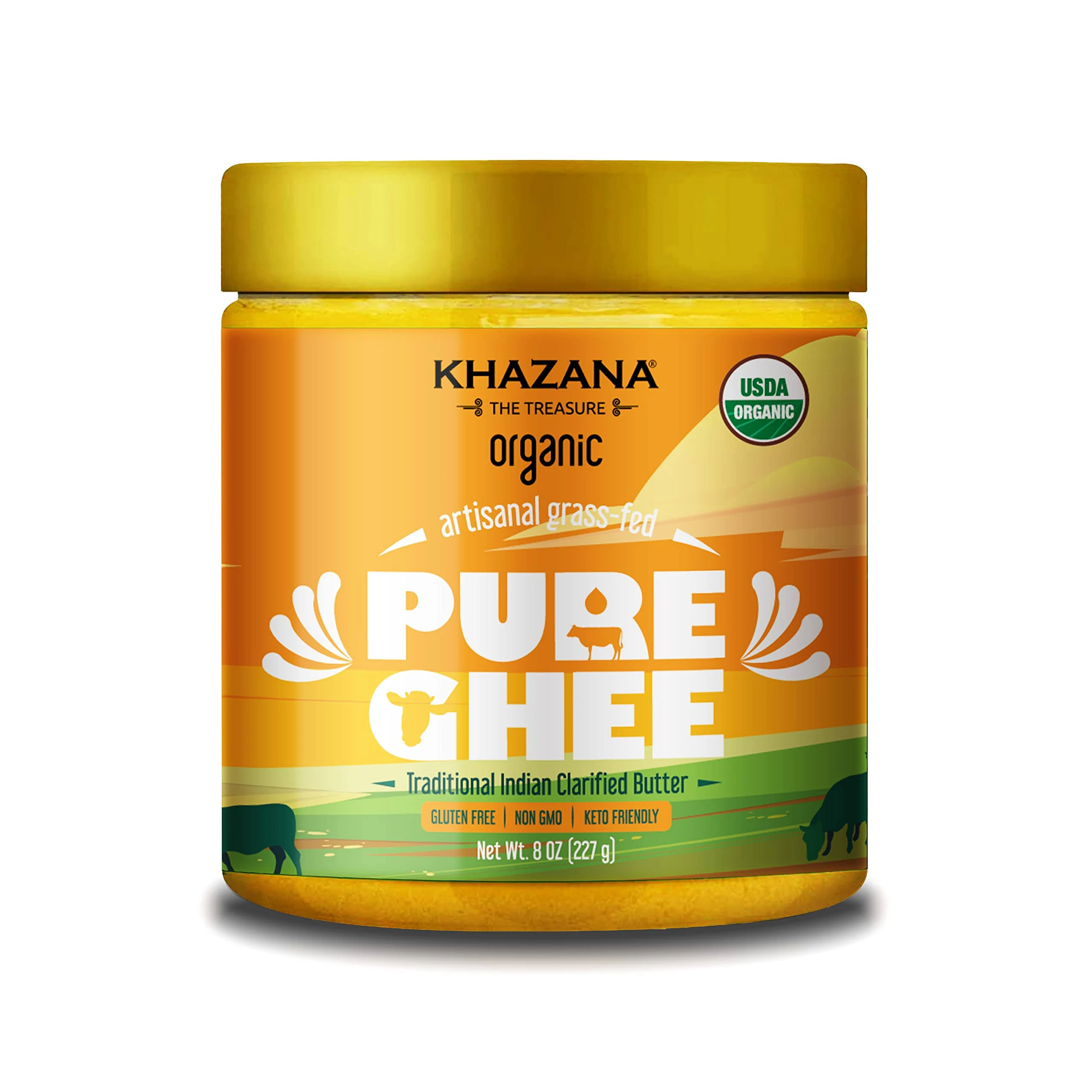 Khazana Organic Grass-Fed Ghee (8 oz) - Lactose-Free, Casein-Free, Non-GMO, Gluten-Free, Kosher, Keto-Friendly - Traditional Indian Clarified Butter from Grass-Fed Cows