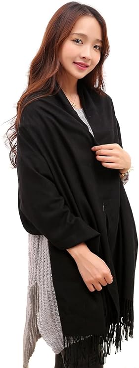 Anboor Super Soft Cashmere Blanket Scarf with Tassel Solid Black Size Large