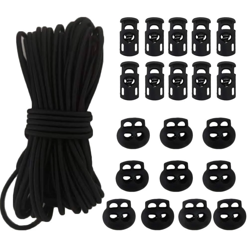 20pcs Plastic Cord Locks with 1/8-Inch 50ft Elastic Cord Heavy Stretch Round String, 10Pcs Sing-Hole, 10pcs Double-Hole Spring Toggle Stopper Slider Black (3mm-Black)