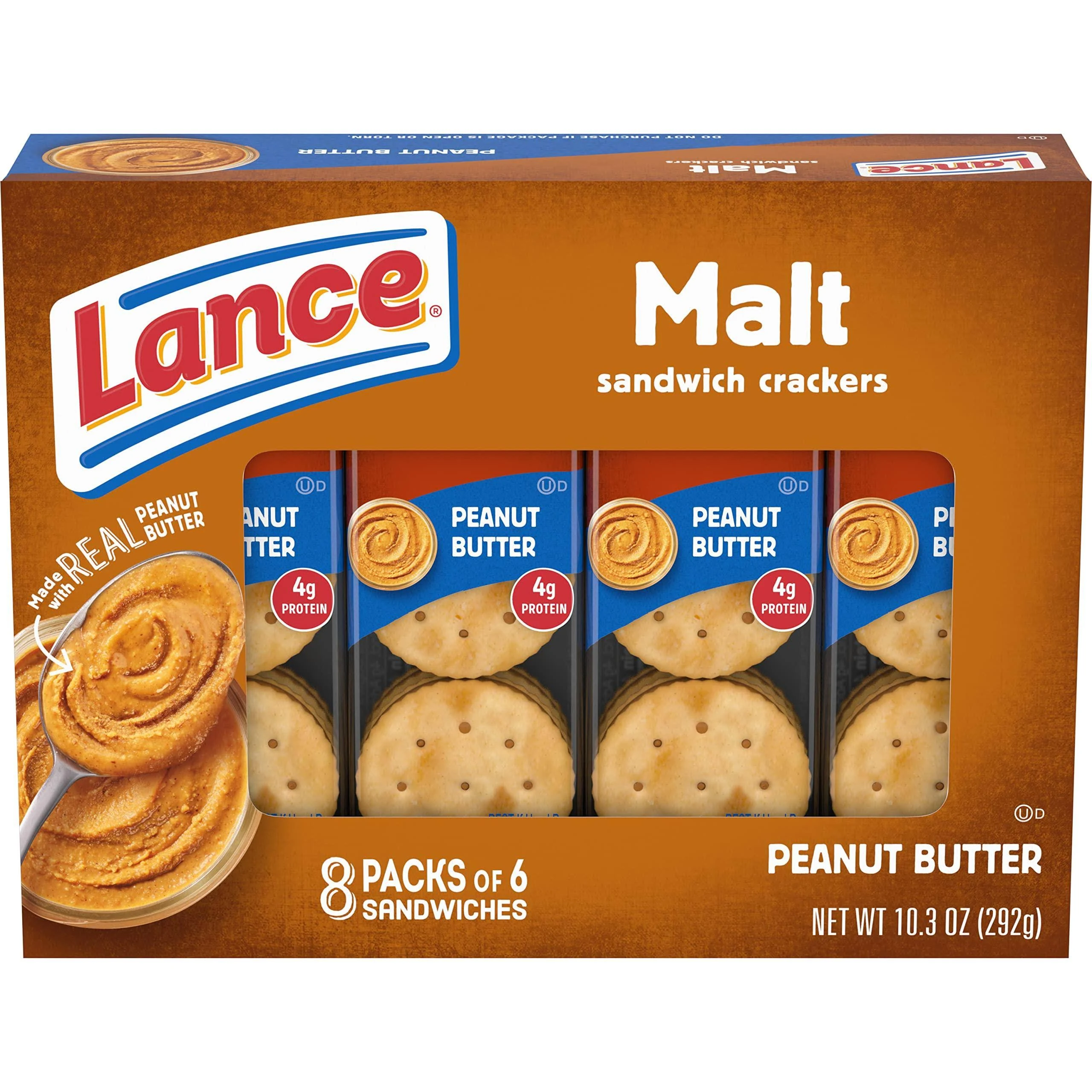 Lance Sandwich Crackers, Peanut Butter, Malt - 8 6 sandwich packs, 10.3 oz