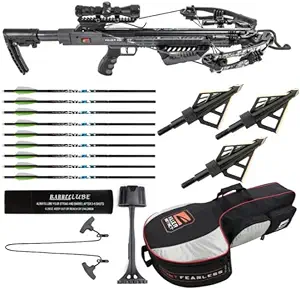 Killer Instinct Burner 415 FPS Crossbow Package (Gray Camo) with Crossbows Slayer Crossbow Case, 20-Inch Crossbow Bolts (6-Pack) and 100-Grain Hunting Broadheads (3-Pack) Bundle (4 Items)