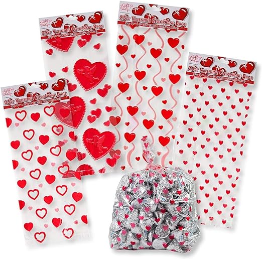 Valentine Cellophane Bags 100 Pack with Twist Ties Valentines Favor Treat Gift ...