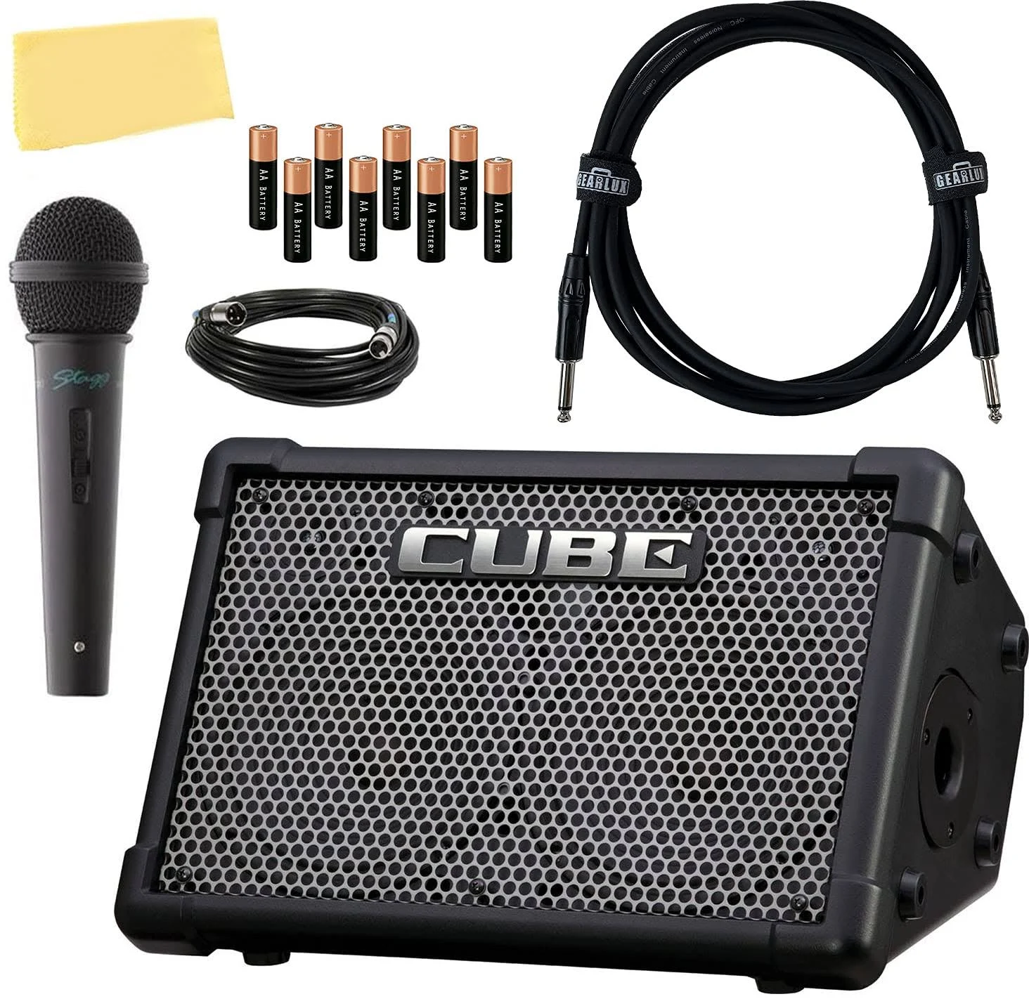 Roland Cube Street EX 4-Channel 50-Watt Battery-Powered Amplifier Bundle with Microphone, Instrument Cable, Batteries, and Austin Bazaar Polishing Cloth